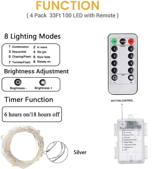 4 Pack Fairy Lights Battery Operated with Remote 33FT 100 LED Multicolor | Remote Control, 8 Modes, Timer, Adjustable brightness, Waterproof Lights for Indoor Outdoor Classroom Christmas Decor