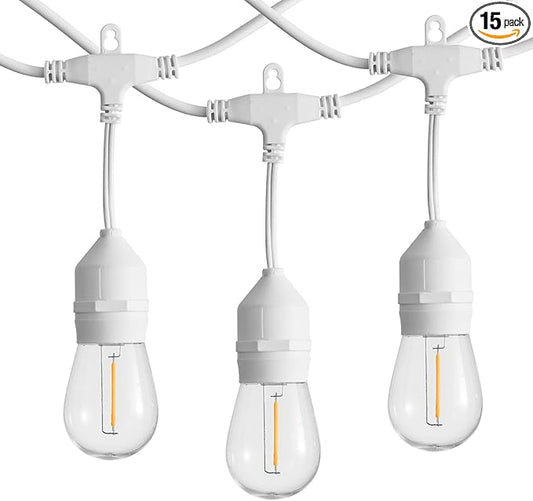 SUNTHIN 50FT Outdoor White String Light with 16 1W LED Shatterproof Filament Bulb for Patio Lights, Backyard, Porch, Party Lights