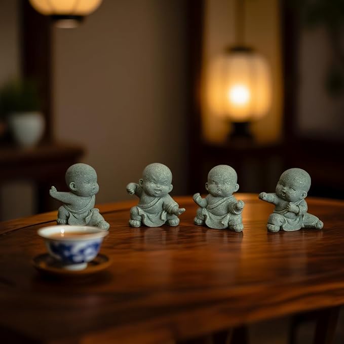 4pcs Mini Buddha Statue, Small Aquarium Decoration, Feng Shui Zen Monk Sandstone Sculpture, Cute Fish Tank Ornament for Home Garden