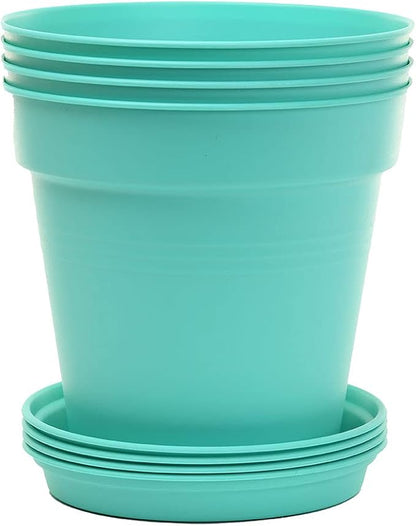 Mintra Garden Pots, 4 Pack Bulk Plastic Plant Pots with Drainage Tray, Round Indoor & Outdoor Decorative Planters with Drain Holes for Flowers, Herbs & Plants, 19cm Diameter – Teal, 7.5 in