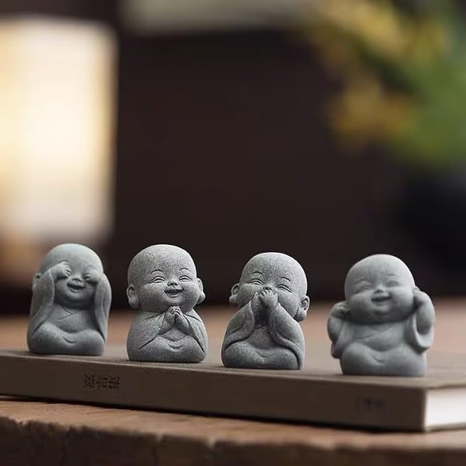 4PCS Laughing Buddha Statue for Good Luck & Feng Shui Decor – Cute Small Zen Monk Sandstone Sculpture for Home, Office, Desk, Aquarium Decor (Four no Zen Statue)