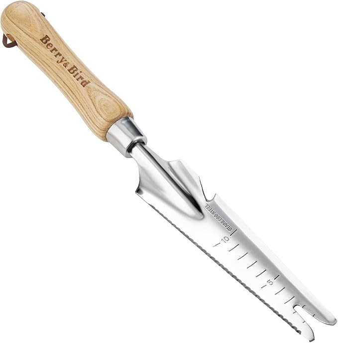 Berry&Bird Garden Hand Weeding Trowel, 5-in-1 Stainless Steel Weeder Puller | 13.2'' Garden Weeding Tool with Wooden Handle, Weed Puller & Digging Knife for Weeder Removal Planting Transplanting Cutting