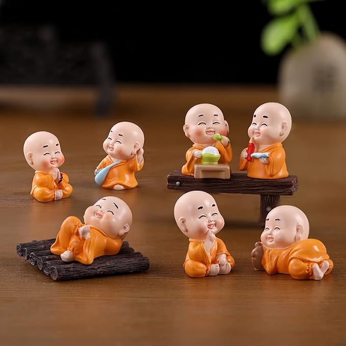 7Pcs Baby Buddha Statues 1 inch Little Monk Figurines for DIY Zen Garden Car Dashboard Office Tabletop Shelf Home Decoration