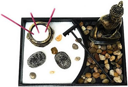 Royal Brands Zen Garden with Buddha, Rake, Rock Candle, and Incense Holder – Peace and Tranquility (9"x6"x7")
