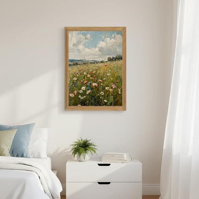Wildflower Wall Art Framed Botanical Flower Meadow Canvas Print, Vintage Floral Landscape Canvas, Nature Wall Decor with Wood Frame for Bedroom Living Room Cottage Home Decor 12x16 Inch