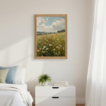 Wildflower Wall Art Framed Botanical Flower Meadow Canvas Print, Vintage Floral Landscape Canvas, Nature Wall Decor with Wood Frame for Bedroom Living Room Cottage Home Decor 8x10 Inch