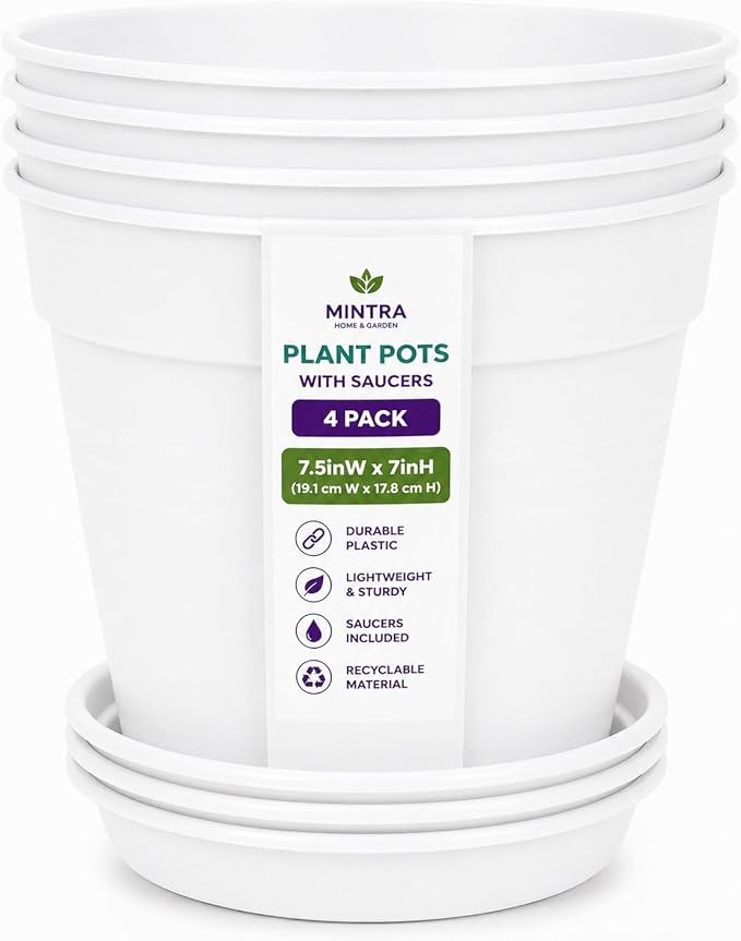 Mintra Garden Pots, 4 Pack Bulk Plastic Plant Pots with Drainage Tray, Round Indoor & Outdoor Decorative Planters with Drain Holes for Flowers, Herbs & Plants, 19cm Diameter – White, 7.5 in