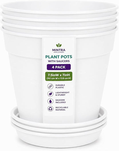 Mintra Garden Pots, 4 Pack Bulk Plastic Plant Pots with Drainage Tray, Round Indoor & Outdoor Decorative Planters with Drain Holes for Flowers, Herbs & Plants, 19cm Diameter – White, 7.5 in