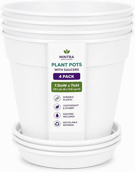 Mintra Garden Pots, 4 Pack Bulk Plastic Plant Pots with Drainage Tray, Round Indoor & Outdoor Decorative Planters with Drain Holes for Flowers, Herbs & Plants, 19cm Diameter – White, 7.5 in