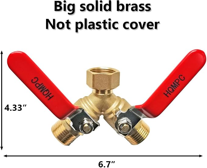 HQMPC Garden Hose Y Valve Splitter Brass Hose Splitter With Stainless Steel Long Handle Brass Garden Hose Adapter 2 Way Y Valve 3/4" GHT Thread 2pcs