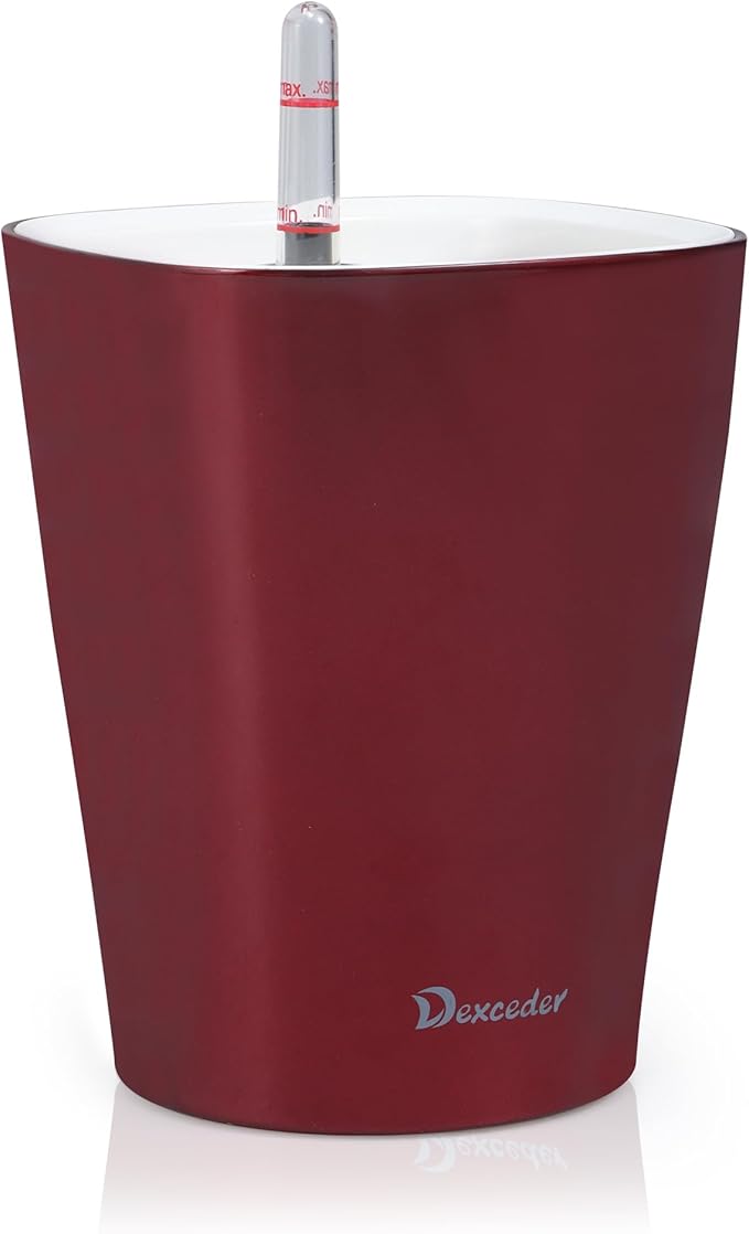 Dexceder 6x7 Self Watering Planter (Wine Red) | High Gloss Table Flower Plant Pot with Water Level Indicator Indoor Outdoor