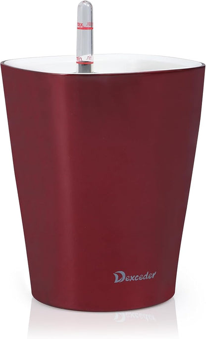 Dexceder 6x7 Self Watering Planter (Wine Red) | High Gloss Table Flower Plant Pot with Water Level Indicator Indoor Outdoor