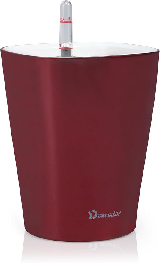 Dexceder 6x7 Self Watering Planter (Wine Red) | High Gloss Table Flower Plant Pot with Water Level Indicator Indoor Outdoor