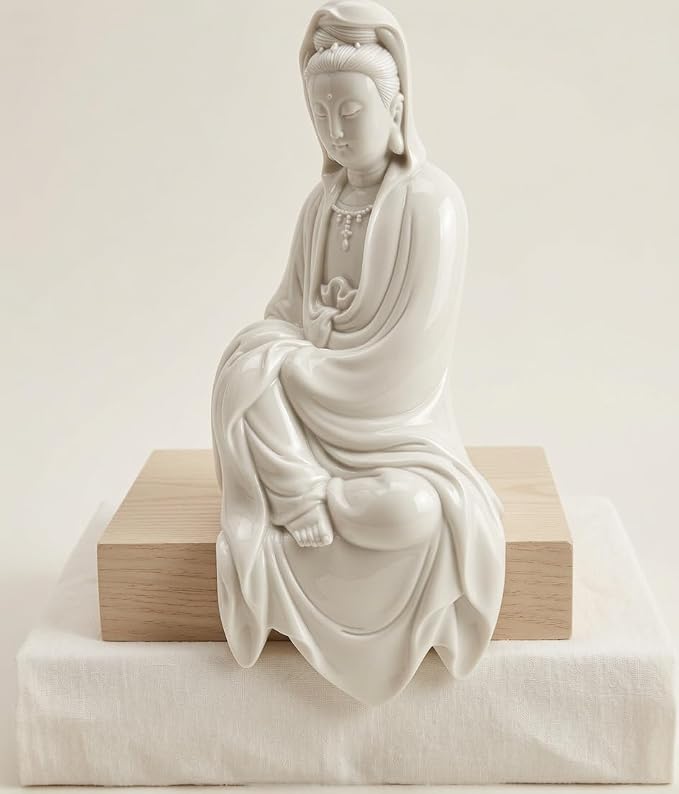 Bellaa Kwan Yin Buddha Statue - 11" White Marble Powder Lady Buda Kuan Guanyin Goddess of Mercy Sculpture - Meditation Decor for Home, Office & Zen Garden 22654