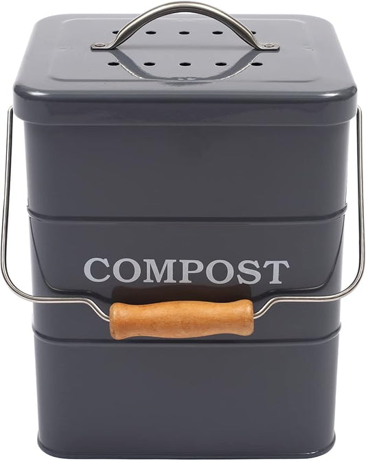 Compost Bin Kitchen Countertop Indoor Compost Pail Bucket, Great for Food Scraps, Carbon Steel, Handles, Gray, 1 Gallon - Includes Charcoal Filter