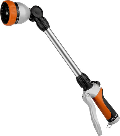RESTMO Heavy Duty Metal Hose Wand, Watering Wand for Garden Hose | 180° Swivel Ratcheting Head, 16'' Hose Sprayer, 7 Spray Patterns, Flow Control, Ideal for Hanging Baskets & Shrubs, Orange