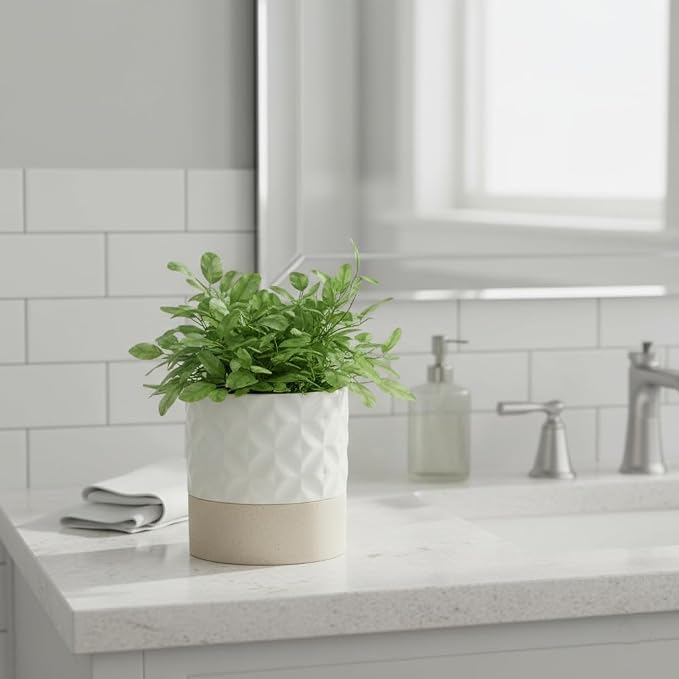 Nihow Self Watering Ceramic Plant Pot, 4.5 Inch, Matte White & Brown Star | Drainage Hole, Water Storage Plus, Indoor & Outdoor, Cylinder Flower Pot, For Herbs/Violets
