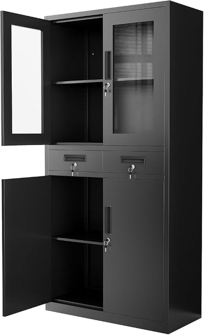 71" Black Metal Storage Cabinet with Glass Doors, Garage Storage with 2 Drawers + 2 Adjustable Shelves, Heavy Duty Tool Cabinet with Locking Doors for School, Workshop, Office, Black