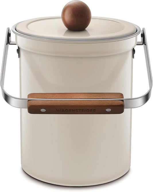 WAGENSTEIGER Kitchen Countertop Compost Bin 101ounces / 3Liters, Airtight Lid SUS304 Stainless Steel Odor-Free Food Waste Bin with Wooden Handle Stylish Design Bathroom Trash Can (Off-White)