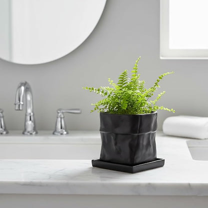 Nihow 6 Inch Ceramic Plant Pot with Drainage & Square Saucer,Black | Bag Shape Design,Indoor & Outdoor，Living room/Office/Bedroom/Windowsill/Tabletop，Plant Lovers/Gardeners/Beginners