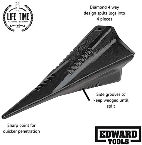 Edward Tools Diamond Wood Splitting Wedge - 4 LB Steel 4 Way Log Splitter - Torpedo/Grenade Wedge Design Splits Firewood into 4 Pieces - Less Effort Manual Maul Log Splitting
