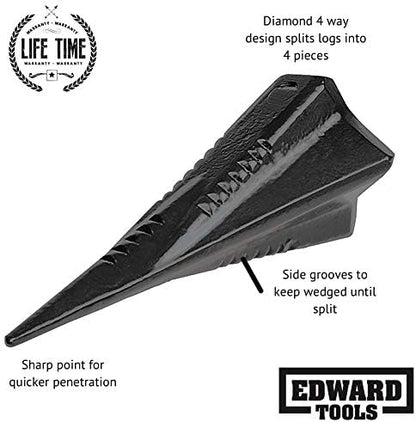 Edward Tools Diamond Wood Splitting Wedge - 4 LB Steel 4 Way Log Splitter - Torpedo/Grenade Wedge Design Splits Firewood into 4 Pieces - Less Effort Manual Maul Log Splitting