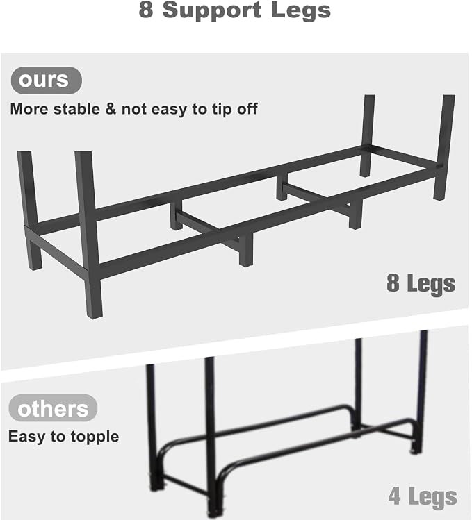 4ft Outdoor Firewood Rack Holder with 8 Support Legs for Fire Wood Pile Storage, Adjustable Heavy Duty Log Stacker Stand Organizer, Black
