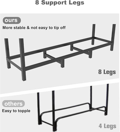 4ft Outdoor Firewood Rack Holder with 8 Support Legs for Fire Wood Pile Storage, Adjustable Heavy Duty Log Stacker Stand Organizer, Black