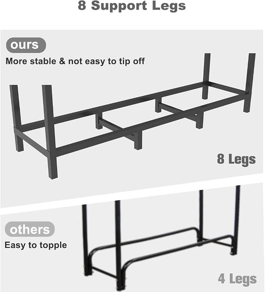 4ft Outdoor Firewood Rack Holder with 8 Support Legs for Fire Wood Pile Storage, Adjustable Heavy Duty Log Stacker Stand Organizer, Black