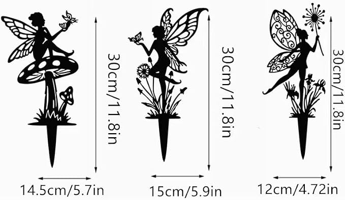 Decorative Garden Stakes， Fairy Garden Stakes, Butterfly Fairy Stakes for Weather Resistant Black Metal Outdoor Decorative Art for Women Gift (Matte Black, 3P-B)
