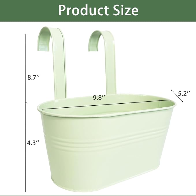 Balcony Hanging Planters Flower Pots, 10" Metal Flower Pots for Outdoor Balcony Rails, Fence Pot Hanging Plant Holders with Detachable Hooks for Garden Patio Yard Decor (Mint Green, 8Pcs)