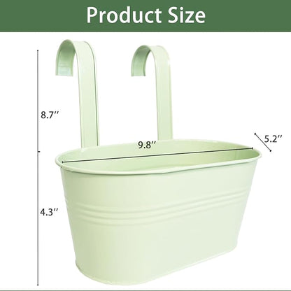 Balcony Hanging Planters Flower Pots, 10" Metal Flower Pots for Outdoor Balcony Rails, Fence Pot Hanging Plant Holders with Detachable Hooks for Garden Patio Yard Decor (Mint Green, 4Pcs)