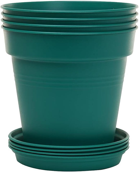 Mintra Garden Pots, 4 Pack Bulk Plastic Plant Pots with Drainage Tray, Round Indoor & Outdoor Decorative Planters with Drain Holes for Flowers, Herbs & Plants, 19cm Diameter – Forest Green, 7.5 in