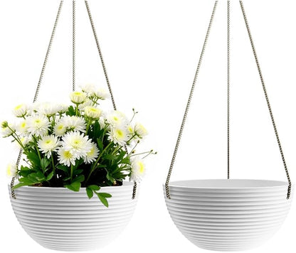 Asnext Line Pattern 10 Inch Hanging Planter for Indoor Outdoor Plants, 2 Pack Round Hanging Pots for Plants (White)