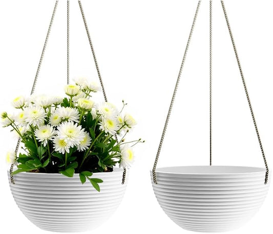 Asnext Line Pattern 10 Inch Hanging Planter for Indoor Outdoor Plants, 2 Pack Round Hanging Pots for Plants (White)