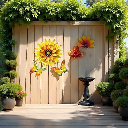 Meduofon Metal Flowers Wall Decor and Butterfly Wall Art, 3 Pack Metal Outdoor Wall Art Decor, Fence Art Wall Sculptures for Indoor Outside Garden Patio Decorations (Yellow&Green)
