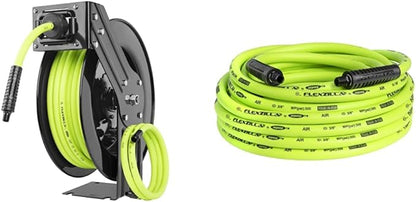 Flexzilla Open Face Retractable Air Hose Reel, 3/8 in. x 50 ft., Heavy Duty, ZillaGreen - L8611FZ & Air Hose, 3/8 in. x 50 ft., 1/4 in. MNPT Fittings, Heavy Duty, Lightweight, Hybrid, ZillaGreen