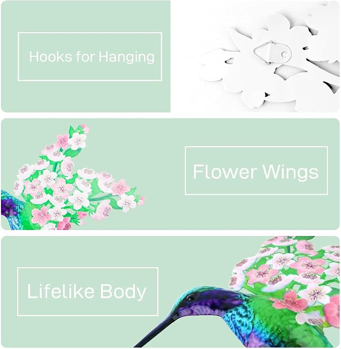 Metal Hummingbird Wall Decor, 12" Large Hanging Metal Birds Outdoor Wall Decor Art, Flowers Wings Hummingbird Decor for Garden Yard Patio Fence Living Room Bedroom