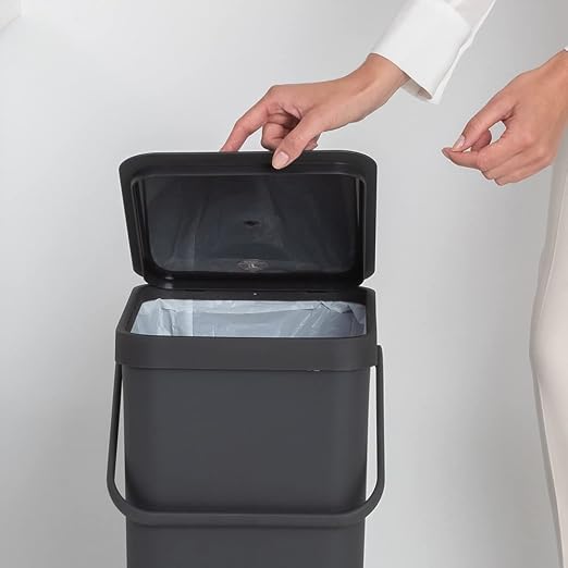 Brabantia Sort & Go Kitchen Recycling Bin | L / 10.6 Gal / 40L | Dark Gray | Removable Stay-Open Lid, Carry Handle | Trash Can for Bottles, Cans, Paper, Glass | Wall Bracket Sold Separately