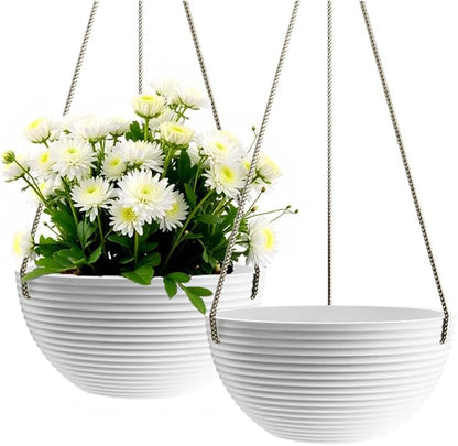 Asnext Line Pattern 10 Inch Hanging Planter for Indoor Outdoor Plants, 2 Pack Round Hanging Pots for Plants (White)
