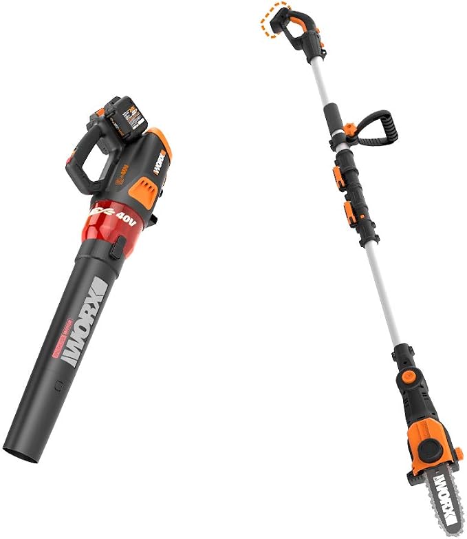WORX WG584 40V Power Share Turbine Cordless Leaf Blower with Brushless Motor (2x20V Batteries) with Pole Saw, Bare Tool Only, Black and Orange