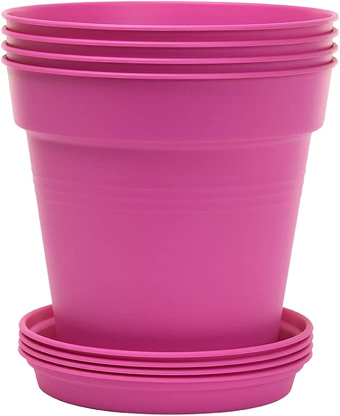 Mintra Garden Pots, 4 Pack Bulk Plastic Plant Pots with Drainage Tray, Round Indoor & Outdoor Decorative Planters with Drain Holes for Flowers, Herbs & Plants, 19cm Diameter – Fuchsia, 7.5in Wide