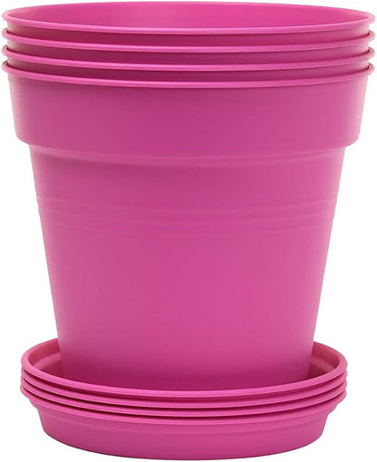 Mintra Garden Pots, 4 Pack Bulk Plastic Plant Pots with Drainage Tray, Round Indoor & Outdoor Decorative Planters with Drain Holes for Flowers, Herbs & Plants, 19cm Diameter – Fuchsia, 7.5in Wide