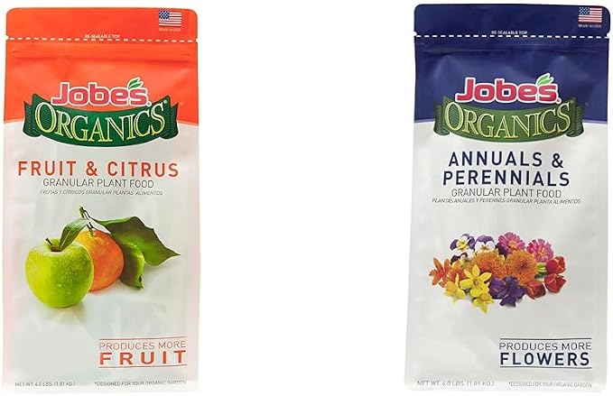 Jobe's Organics Granular Plant Food Bundle, Fruit & Citrus 09226NA 4 lbs and Annual & Perennial Flower Fertilizer 4 lbs