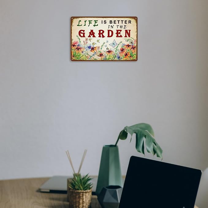Garden Sign Vintage Gardening Metal Sign Life Is Better In The Garden Rustic Decor Funny Outdoor Gardening Metal Signs Botanical Wall Decorative 8×12 Inch