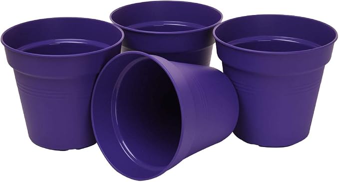 Mintra Garden Pots, 4 Pack Bulk Plastic Plant Pots with Drainage Tray, Round Indoor & Outdoor Decorative Planters with Drain Holes for Flowers, Herbs & Plants, 11cm Diameter – Purple, 4.3 in