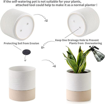 Nihow Ceramic Self Watering Plant Pot for Indoor Plants,6 Inch,White | Planter with Cotton Wick, Drainage Hole & Water Storage Plus, Cylinder Round Flower Pot, For Succulent/Herbs/Violets