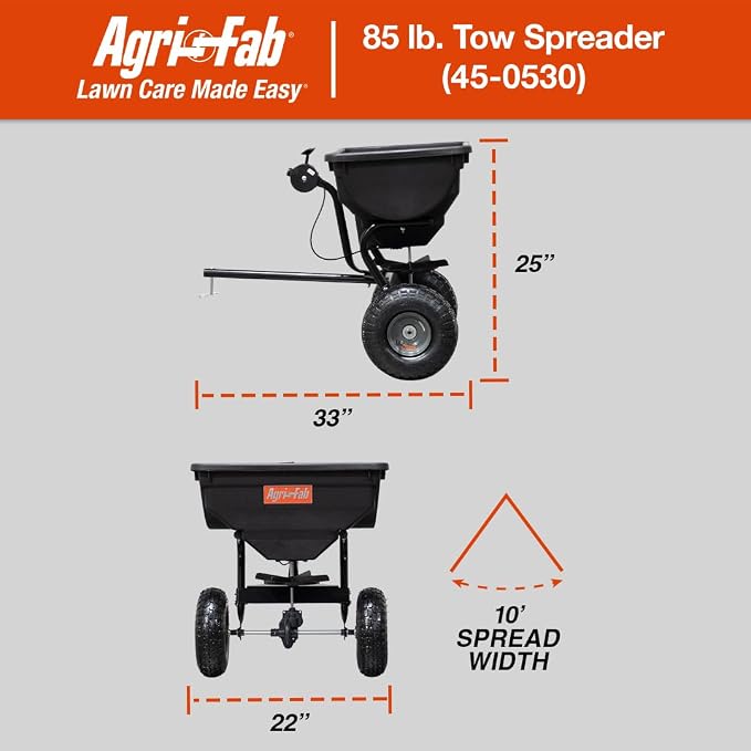 Agri-Fab Tow Behind Broadcast Spreader for Seed and Fertilizer, 85 lb Poly Hopper Capacity with Cable Flow Control, Made in USA