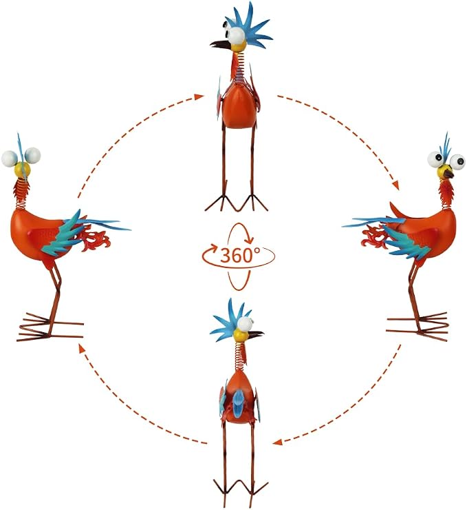 Metal Wacky Rooster Garden Statue for Patio, Backyard, Lawn | 17.9'' Rooster Decor, Yard Statue Decorations Outdoor, Chicken Yard Art, Orange & Cyan