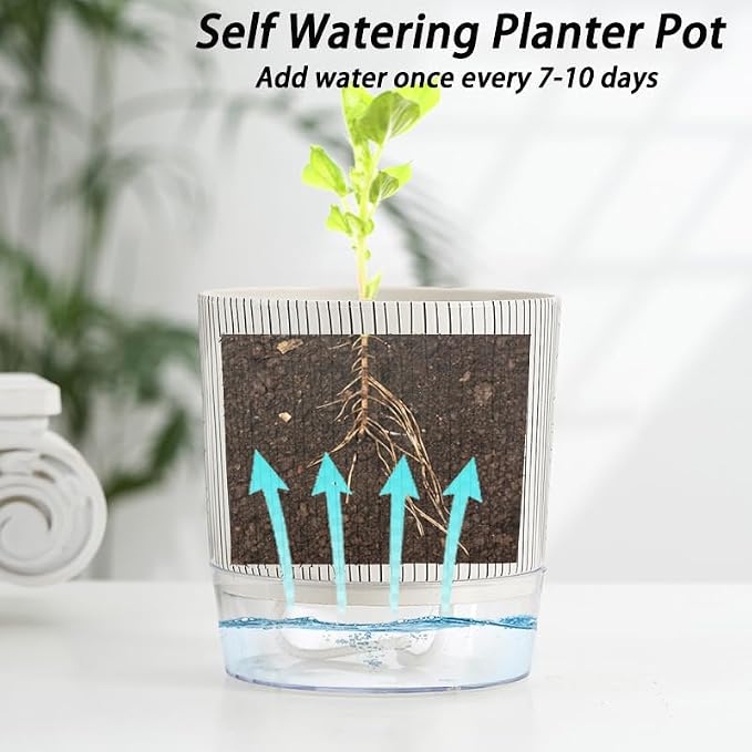 3 Pack 4.3+5.5+6.3 Inch Self Watering Pots Set, Self Watering Planter with Reservoir and Wick Rope for Indoor/Outdoor Plants, Modern Houseplants Pots for African Violets,Cactus,Succulents